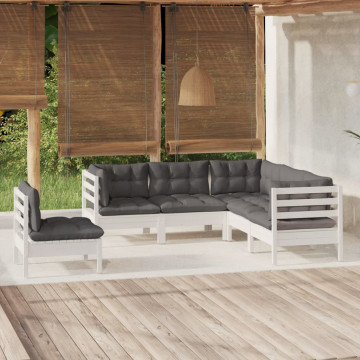 Set mobilier grădină cu perne, 5 piese, alb, lemn de pin - Img 1