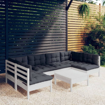 Set mobilier grădină cu perne, 7 piese, alb, lemn masiv de pin - Img 1