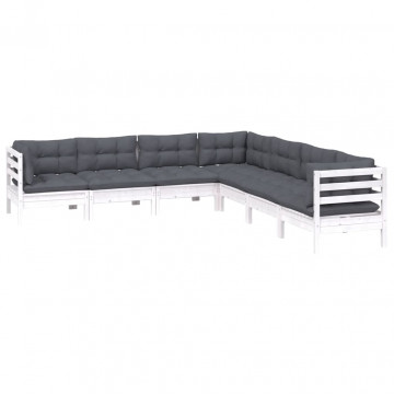 Set mobilier grădină cu perne, 7 piese, alb, lemn masiv de pin - Img 3