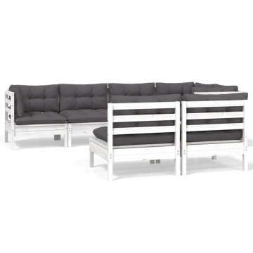 Set mobilier grădină cu perne, 7 piese, alb, lemn masiv de pin - Img 2