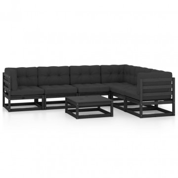 Set mobilier grădină cu perne, 7 piese, negru, lemn masiv pin - Img 2