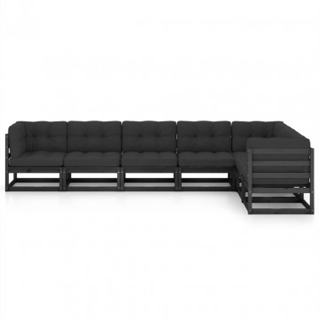 Set mobilier grădină cu perne, 7 piese, negru, lemn masiv pin - Img 3