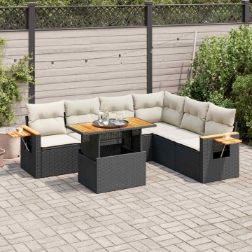 Set mobilier grădină perne 6 piese negru poliratan/lemn acacia - Img 1