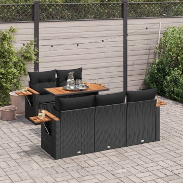 Set mobilier grădină perne 6 piese negru poliratan/lemn acacia - Img 1