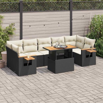 Set mobilier grădină perne 8 piese negru, poliratan/lemn acacia - Img 1