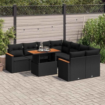 Set mobilier grădină perne 9 piese negru poliratan/lemn acacia - Img 1