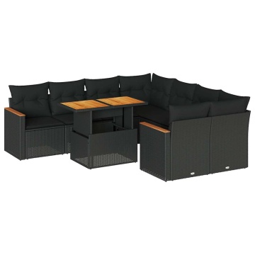 Set mobilier grădină perne 9 piese negru poliratan/lemn acacia - Img 2