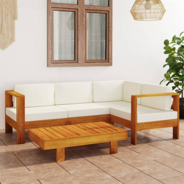 Set mobilier grădină perne alb crem, 5 piese, lemn masiv acacia - Img 1