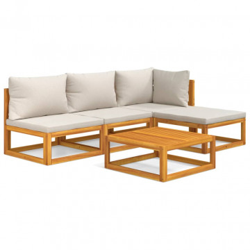 Set mobilier grădină, perne gri deschis, 5 piese, lemn masiv - Img 2