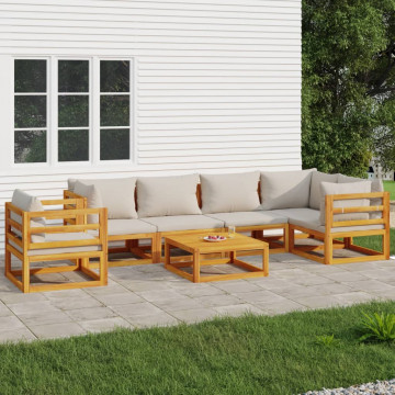 Set mobilier grădină, perne gri deschis, 7 piese, lemn masiv - Img 1