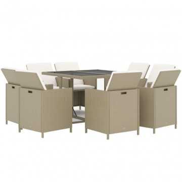 Set mobilier pentru grădină cu perne, 9 piese, bej, poliratan - Img 3