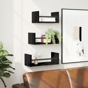 Set rafturi de perete cu bare, 3 buc., negru, lemn prelucrat - Img 1