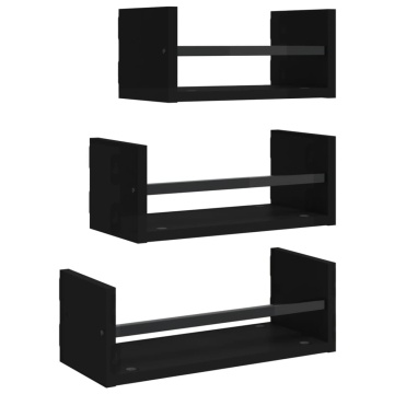 Set rafturi de perete cu bare, 3 buc., negru, lemn prelucrat - Img 2