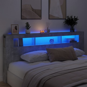 Tăblie de pat cu LED, gri beton, 220x18,5x103,5 cm, lemn - Img 1