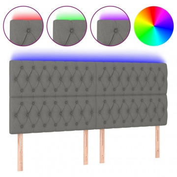 Tăblie de pat cu LED, gri închis, 200x7x118/128 cm, textil - Img 2