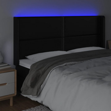 Tăblie de pat cu LED, negru, 183x16x118/128 cm, piele ecologică - Img 4