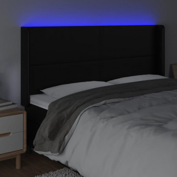 Tăblie de pat cu LED, negru, 203x16x118/128 cm, piele ecologică - Img 4