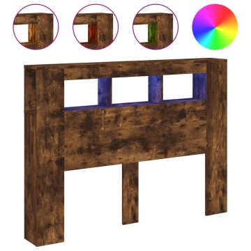 Tăblie de pat cu LED, stejar fumuriu, 140x18,5x103,5 cm, lemn - Img 2
