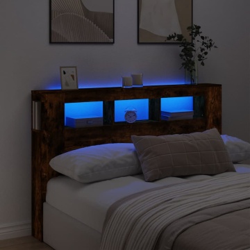 Tăblie de pat cu LED, stejar fumuriu, 160x18,5x103,5 cm, lemn - Img 1