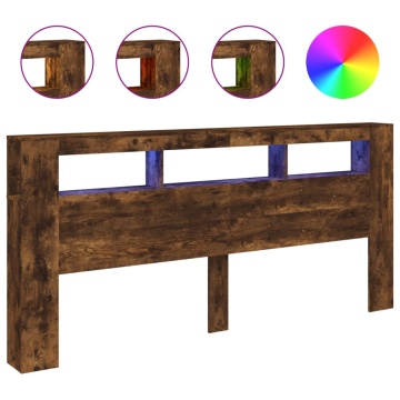 Tăblie de pat cu LED, stejar fumuriu, 220x18,5x103,5 cm, lemn - Img 2