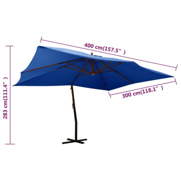 Umbrelă suspendată cu stâlp din lemn, albastru azur, 400x300 cm - Img 7