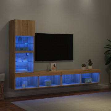 Unități de perete TV cu LED-uri, 4 piese, stejar sonoma, lemn - Img 4