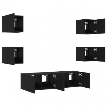Unități de perete TV cu LED-uri, 6 piese, negru, lemn prelucrat - Img 5