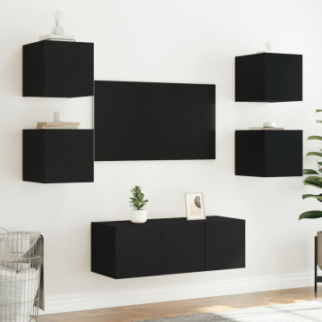 Unități de perete TV cu LED-uri, 6 piese, negru, lemn prelucrat - Img 8