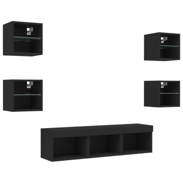 Unități de perete TV cu LED-uri, 7 piese, negru, lemn prelucrat - Img 8