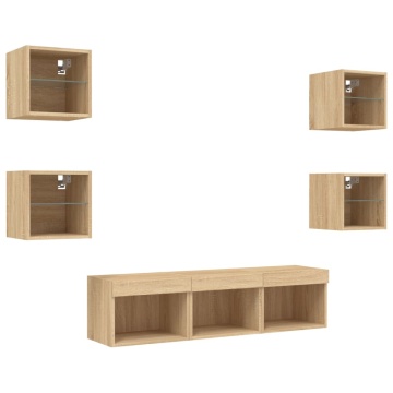 Unități de perete TV cu LED-uri, 7 piese, stejar sonoma, lemn - Img 8