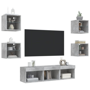 Unități TV de perete cu LED-uri 7 piese gri beton lemn compozit - Img 4