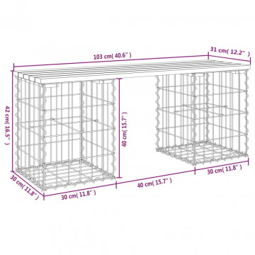 Bancă grădină, design gabion, 103x31x42 cm, lemn pin impregnat - Img 7
