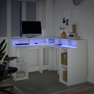 Birou cu lumini LED, alb, 130x130x91 cm, lemn prelucrat - Img 8