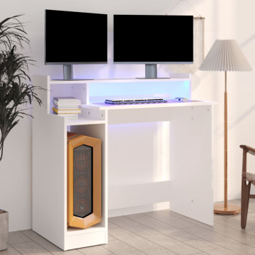 Birou cu lumini LED, alb, 97x90x45 cm lemn compozit - Img 1