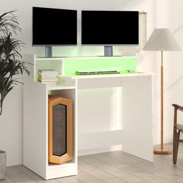 Birou cu lumini LED, alb, 97x90x45 cm lemn compozit - Img 4