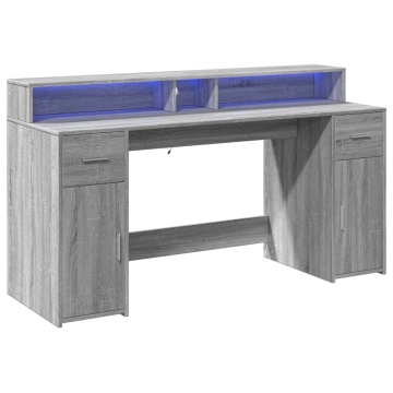 Birou cu lumini LED, gri sonoma, 160x55x91 cm, lemn prelucrat - Img 3