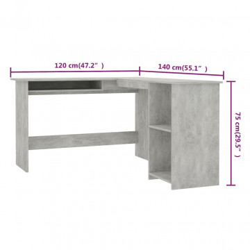 Birou de colț în formă de L, gri beton, 120 x 140 x 75 cm, PAL - Img 5