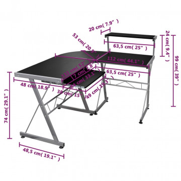 Birou de computer colțar, negru, 132x112x99 cm, lemn prelucrat - Img 5