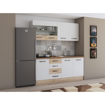 Bucatarie alfa cu vitrina 180 cm, alb / sonoma, blat termic nuc - Img 1