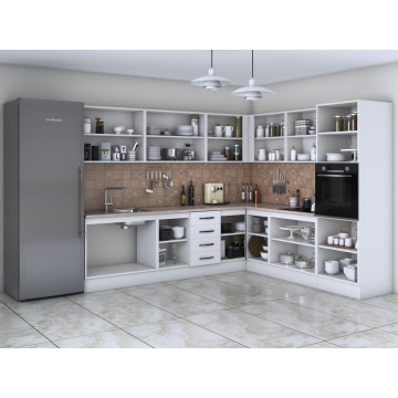 Bucatarie de colt Alfa, Corp inalt cuptor, Cu vitrina, Alb, Blat termic travertin - Img 2