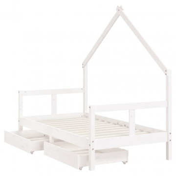 Cadru de pat copii cu sertare, alb, 80x160 cm, lemn masiv pin - Img 4