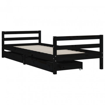 Cadru de pat copii cu sertare, negru, 90x200 cm, lemn masiv pin - Img 3