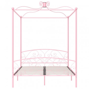 Cadru de pat cu baldachin, roz, 160 x 200 cm, metal - Img 3