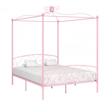 Cadru de pat cu baldachin, roz, 180 x 200 cm, metal - Img 1