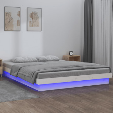 Cadru de pat cu LED, alb, 200x200 cm, lemn masiv - Img 1