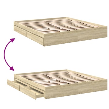 Cadru de pat cu sertare stejar sonoma 200x200 cm lemn prelucrat - Img 6