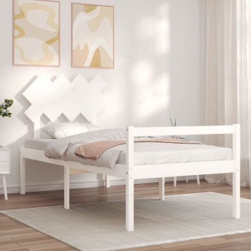 Cadru de pat senior cu tăblie, 90x200 cm, alb, lemn masiv - Img 3