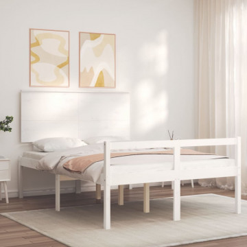 Cadru de pat senior cu tăblie dublu, alb, lemn masiv - Img 3