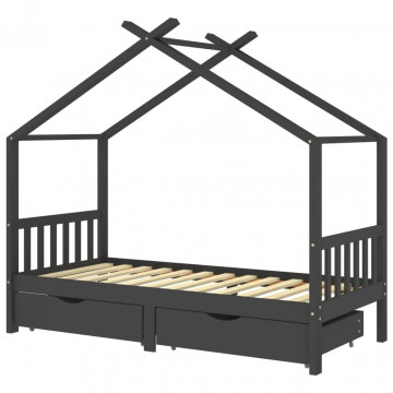Cadru pat copii cu sertare gri închis 90x200 cm lemn masiv pin - Img 2