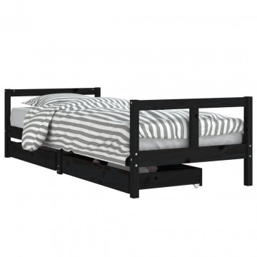 Cadru pat copii cu sertare, negru, 80x200 cm, lemn masiv de pin - Img 2
